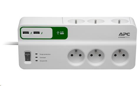 APC Essential SurgeArrest 6 zásuviek s 5 V,  2.4A 2-portová USB nabíjačka,  230V Francúzsko,  2m0 