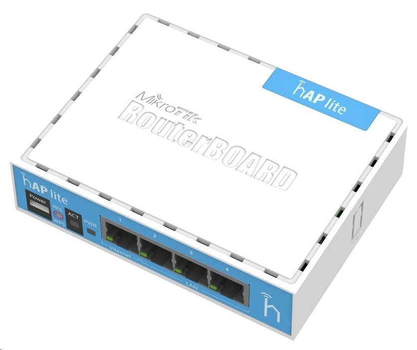 MikroTik hAP Lite (classic), 650MHz CPU, 32MB RAM, 4x LAN, integ. 2.4GHz Wi-Fi, WPS, vrátane. L40 