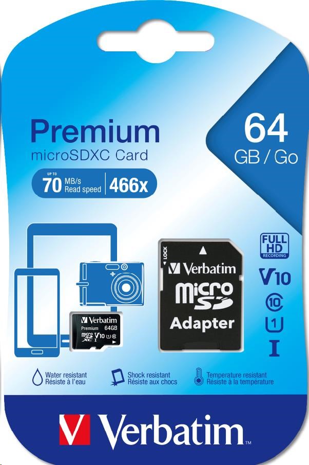 VERBATIM MicroSDXC karta 64GB Premium,  U1 + adaptér2 