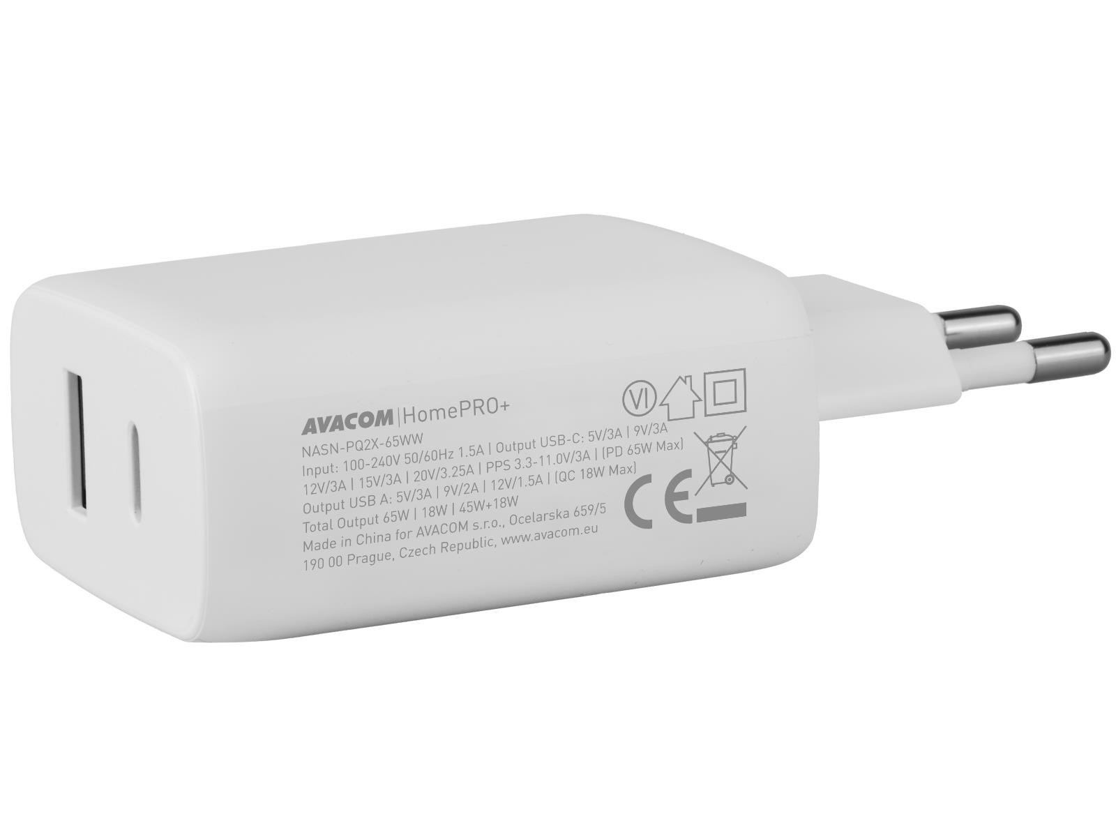 AVACOM HomePRO+ síťová nabíječka s Power Delivery 65W s výstupy USB-C a USB-A1 