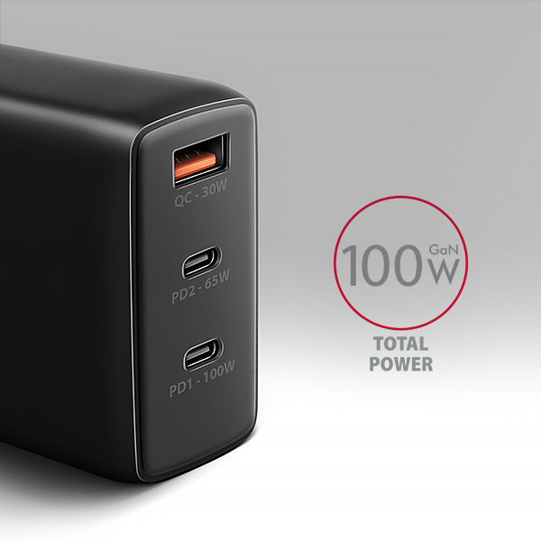 AXAGON ACU-DPQ100,  GaN nabíjačka do siete 100W,  3x port (USB-A + dual USB-C),  PD3.0/ PPS/ QC4+/ Apple,  čierná4 