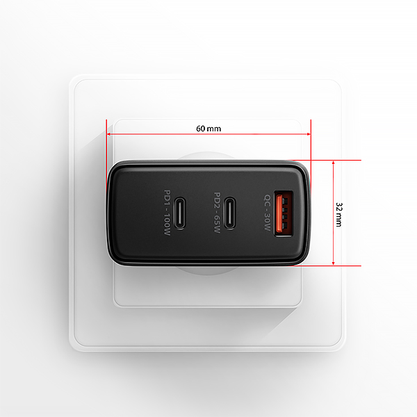 AXAGON ACU-DPQ100,  GaN nabíjačka do siete 100W,  3x port (USB-A + dual USB-C),  PD3.0/ PPS/ QC4+/ Apple,  čierná2 