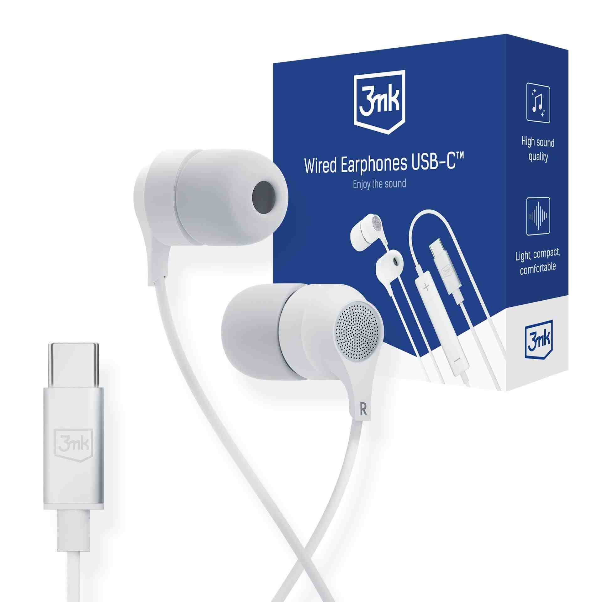 3mk sluchátka - Wired Earphones USB-C,  bílá0 