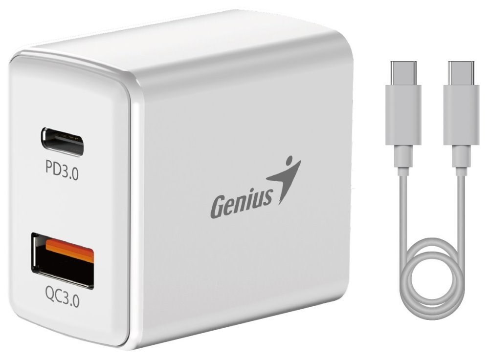 GENIUS nabíjecí set PD-20ACP,  20W,  rychlé nabíjení,  USB-C PD3.0,  USB-A QC3.0,  1m kabel USB-C USB-C,  bílá0 