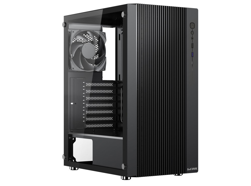 1stCOOL skříň GAMER 4,  Mid tower,  AU,  USB 3.0,  USB-C,  2x120mm,  průhledná bočnice,  bez zdroje,  černá0 