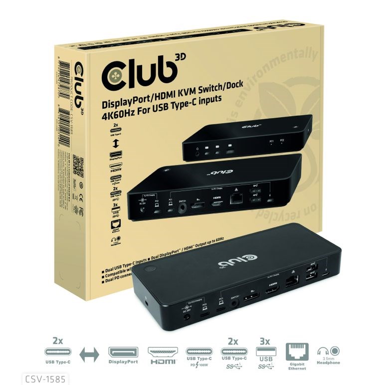 Club3D Dokovací stanice DisplayPort /  HDMI KVM Switch,  USB-C,  PD0 