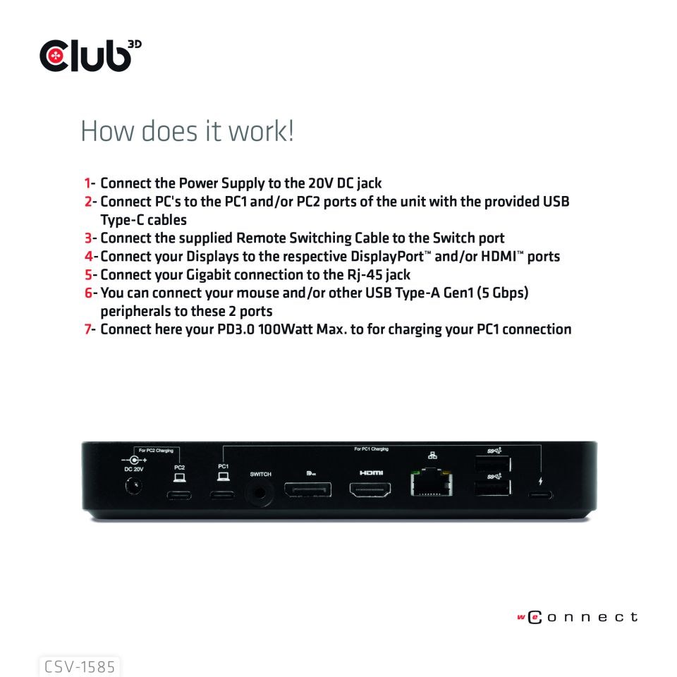 Club3D Dokovací stanice DisplayPort /  HDMI KVM Switch,  USB-C,  PD4 