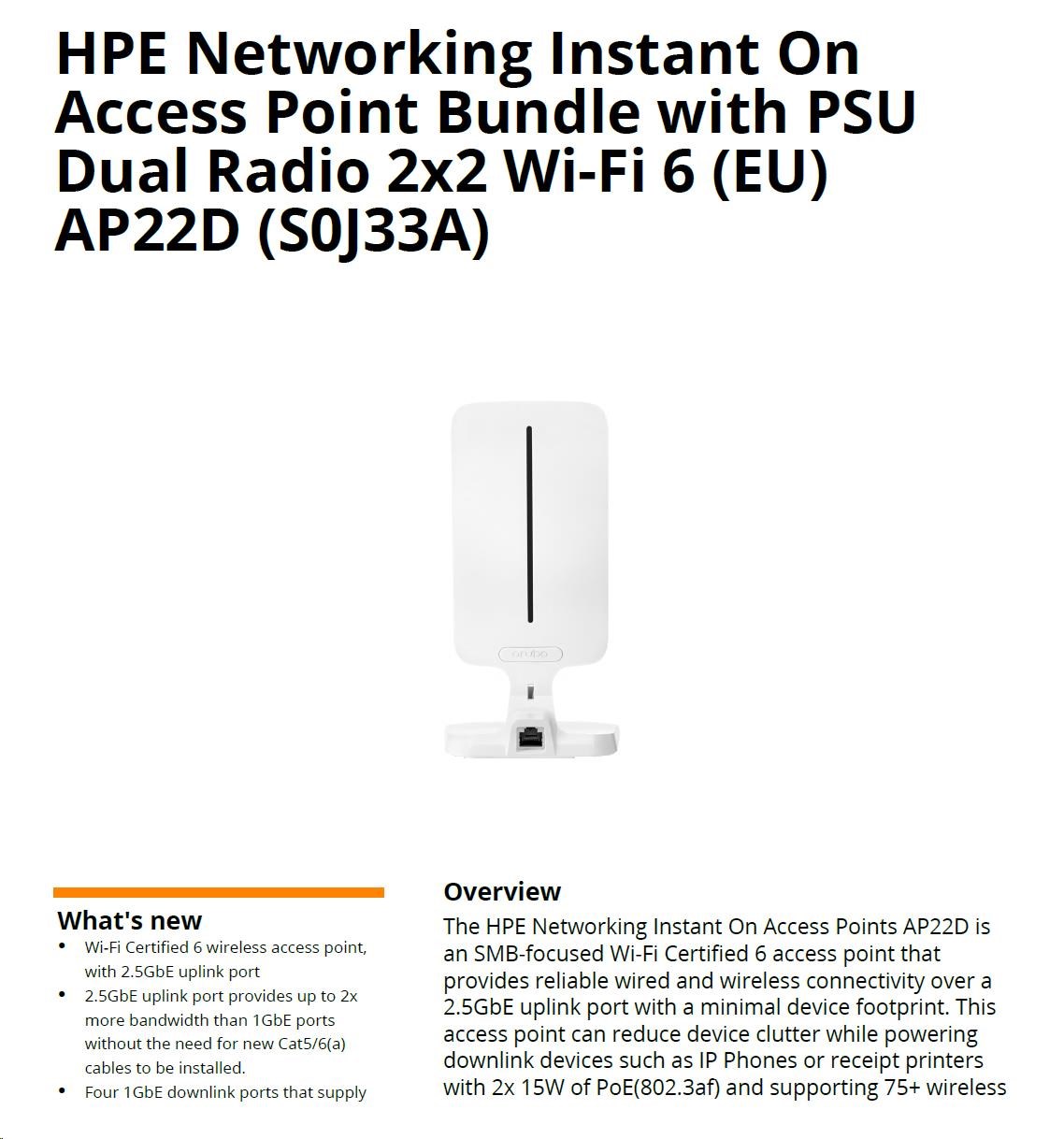 HPE Aruba Instant On Access Point AP22D Bundle with PSU Dual Radio 2x2 Wi-Fi 6 (EU) AP22D  (desktop or wallmount)7 