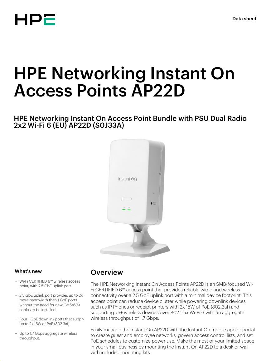HPE Aruba Instant On Access Point AP22D Bundle with PSU Dual Radio 2x2 Wi-Fi 6 (EU) AP22D  (desktop or wallmount)8 