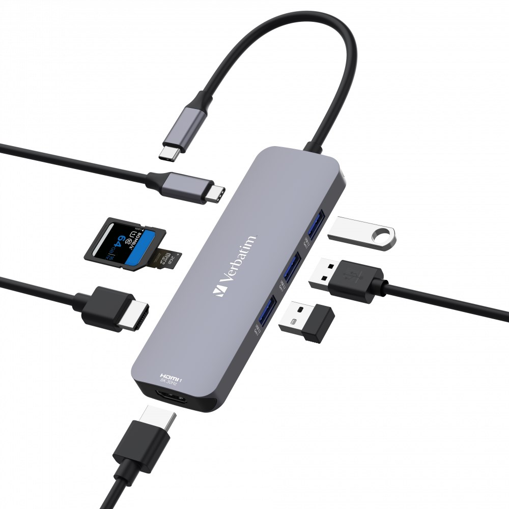 VERBATIM Hub USB-C Pro Multiport 8 Port, 3x USB 3.2, 1x USB-C, 2xHDMI, microSD/SD, šedá1 