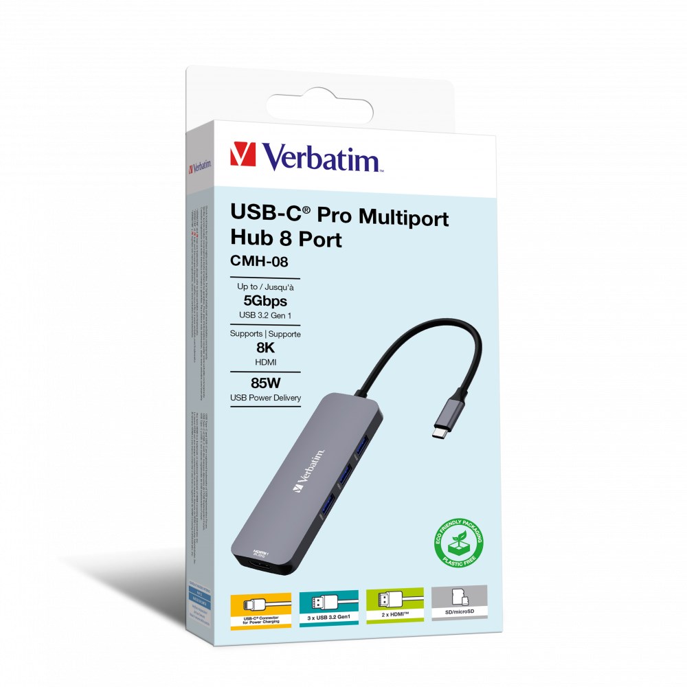 VERBATIM Hub USB-C Pro Multiport 8 Port, 3x USB 3.2, 1x USB-C, 2xHDMI, microSD/SD, šedá3 