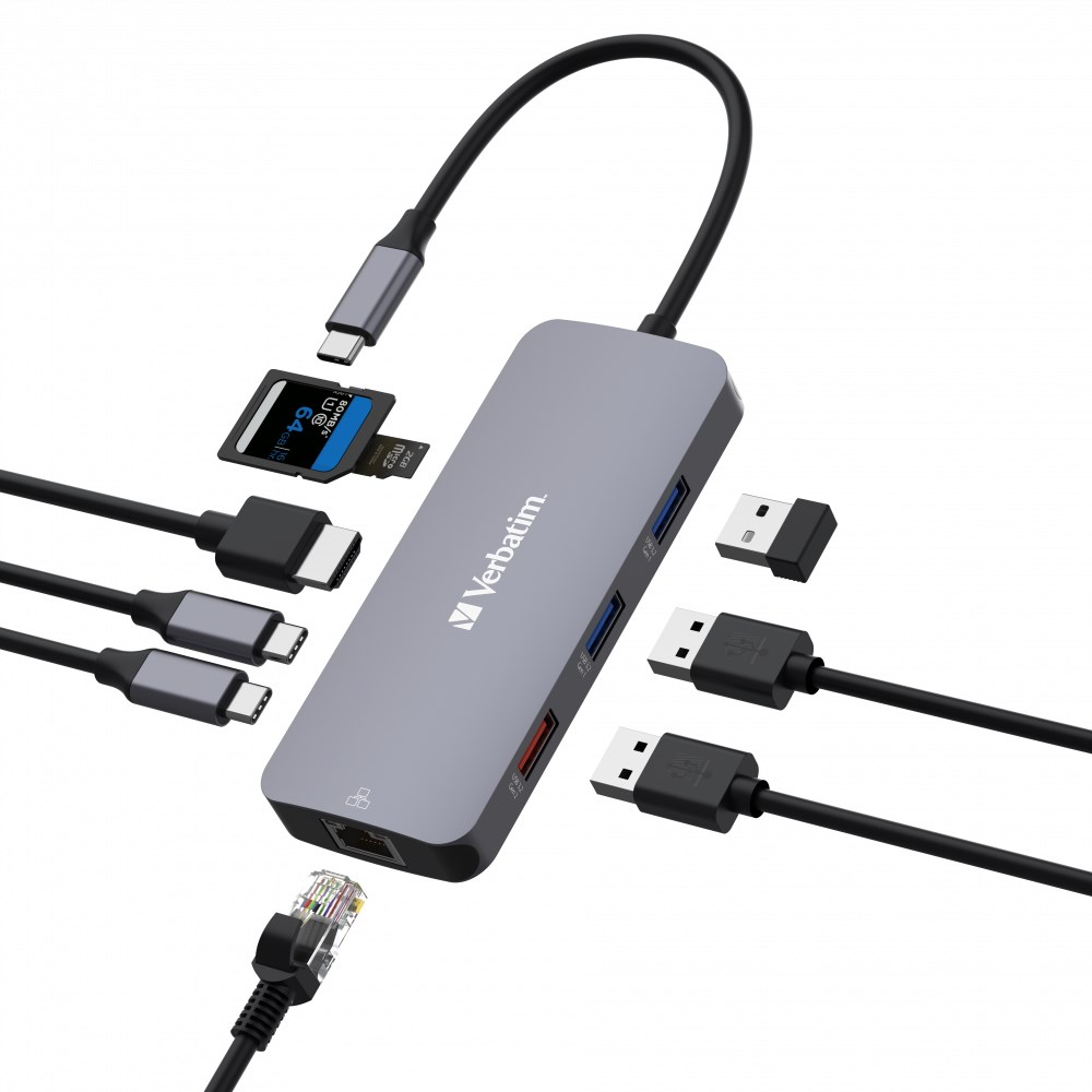VERBATIM Hub USB-C Pro Multiport 9 Port, 3x USB 3.2, 2x USB-C, HDMI, RJ45, microSD/SD, šedá1 