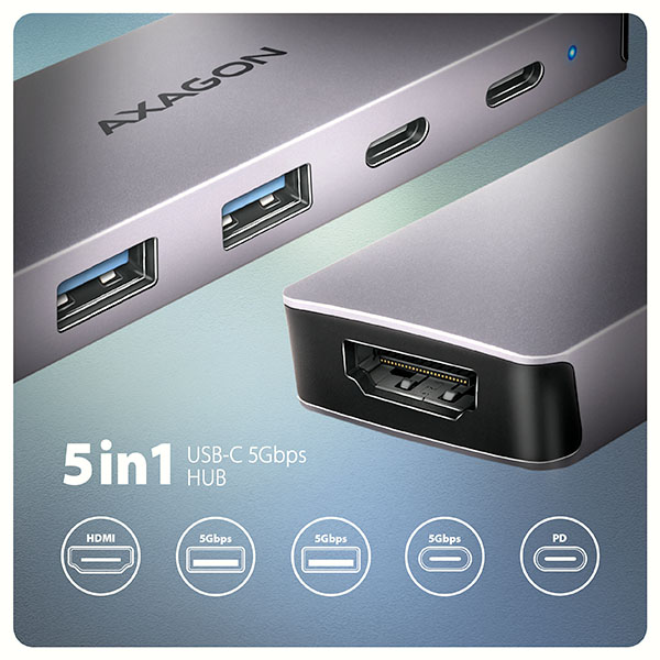 AXAGON HMC-5H60,  USB 5Gbps hub,  porty 2x USB-A,  1x USB-C,  HDMI 4k/ 60,  PD 100W,  kábel USB-C 15cm0 