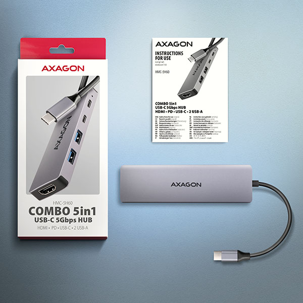 AXAGON HMC-5H60,  USB 5Gbps hub,  porty 2x USB-A,  1x USB-C,  HDMI 4k/ 60,  PD 100W,  kábel USB-C 15cm7 