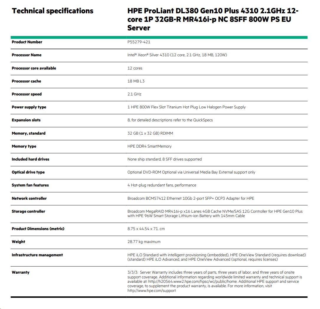 HPE PL DL380g10 Plus 4310 (2.1/ 12C) 32G MR416i-p/ 4Gssb 8SFFBCU3 1x800Wtit L9 o2x10GSFP+ P55279-421 RENEW1 