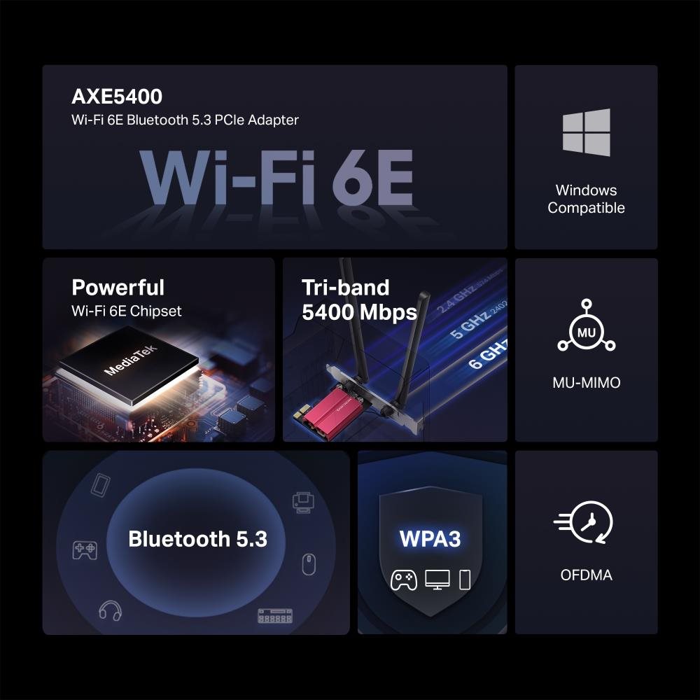 MERCUSYS MA86XE WiFi6E PCIe adapter (AXE5400, 2, 4GHz/ 5GHz/ 6GHz, Bluetooth5.3)1 