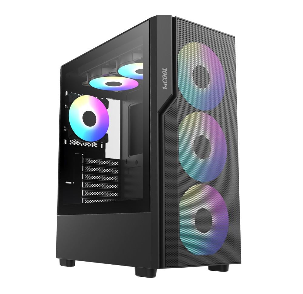 1stCOOL skříň GAMER 5,  Mid tower,  AU,  USB 3.0,  USB-C,  2x 140 ARGB Fan,  1x 120 ARGB Fan,  bez zdroje,  černá0 