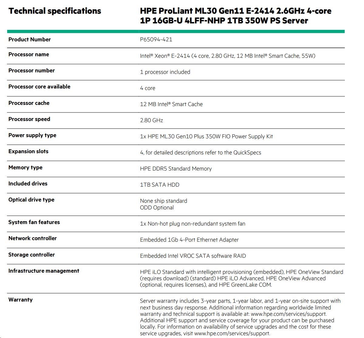 HPE PL ML30g11 E-2414 (2.6G/4C8T) 16G (P64336) 1TB SATA 4LFF NHP VROC 350Wn5 