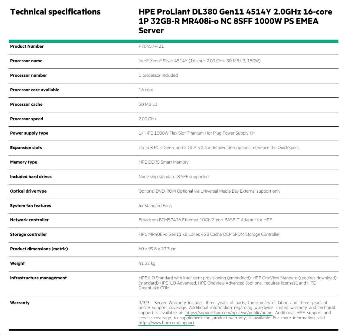 HPE PL DL380g11 4514Y (2.0/ 16C/ 30M) 32G (p64706) MR408i-o/ 4G 3x8SFF 1000W 2x10G-T5 