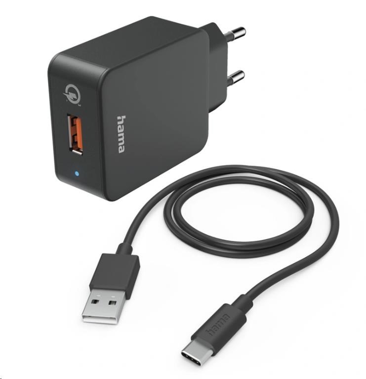 Hama set: rychlá USB nabíječka QC 3.0 19, 5 W + kabel USB A-C 1, 5 m0 