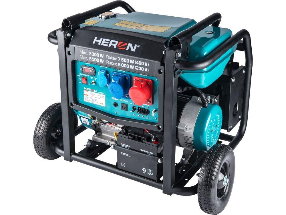 HERON 8896147 elektrocentrála benzínová 17HP/ 8, 2kW/ 10, 25kVA (400V),  6, 5kW (230V),  podvozek,  elektrický start0 