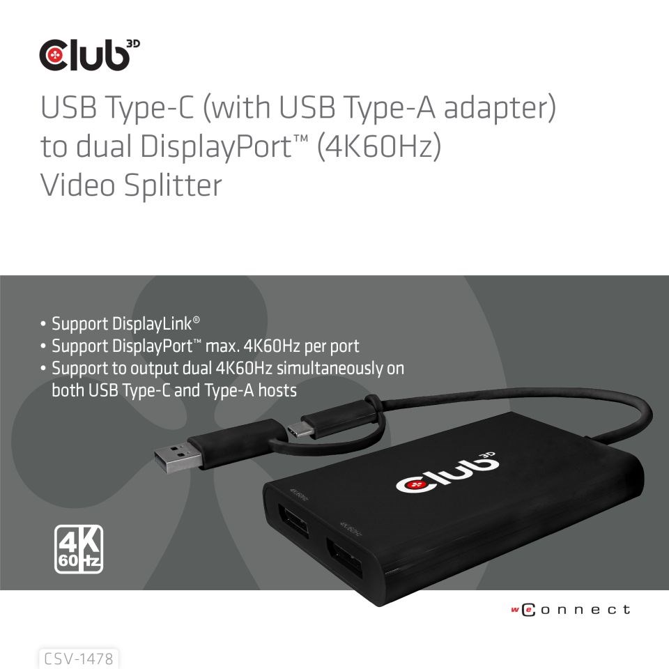 Club3D Video rozbočovač MST USB-C (USB-A adaptér) na 2xDP 4K60Hz Video splitter1 