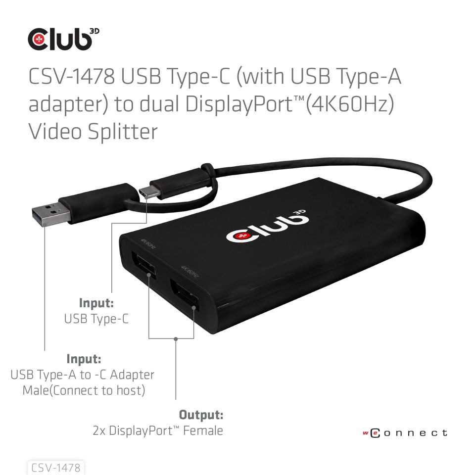 Club3D Video rozbočovač MST USB-C (USB-A adaptér) na 2xDP 4K60Hz Video splitter2 