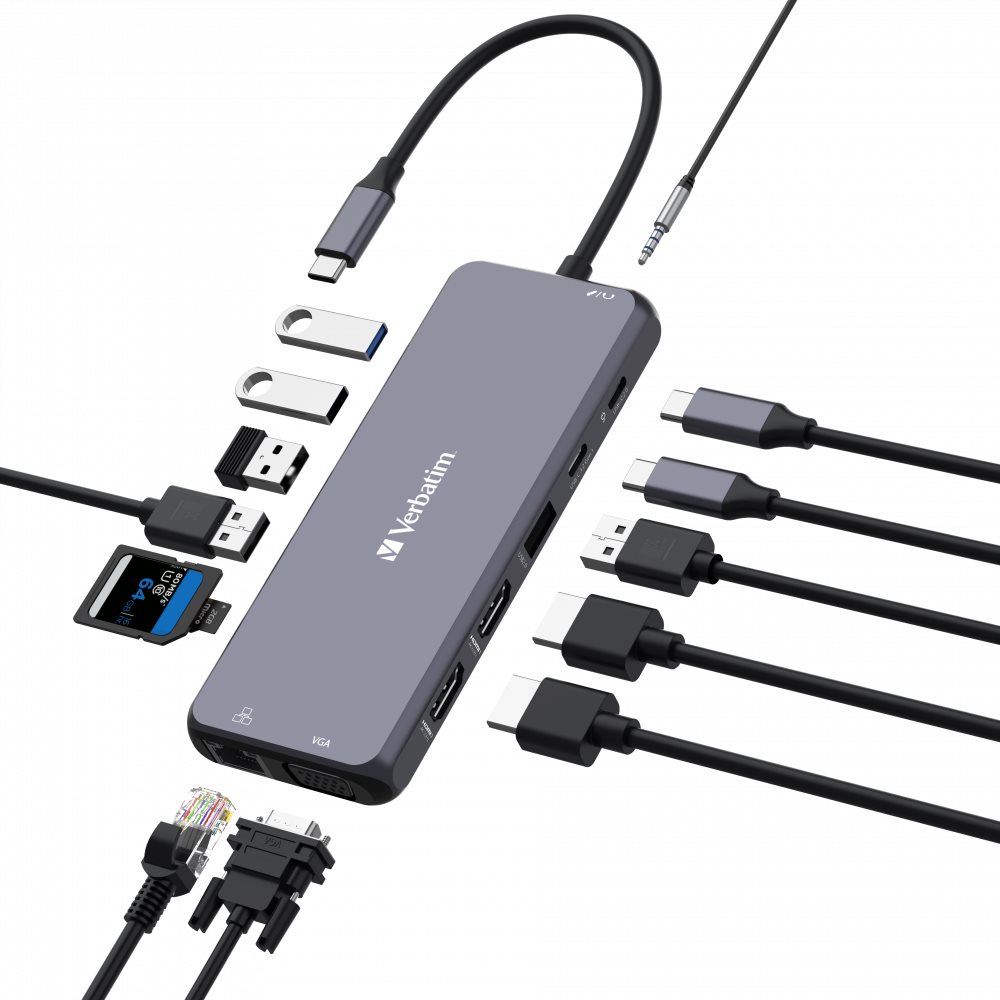 VERBATIM Hub USB-C Pro Multiport 14 Port,  5x USB-A,  2x USB-C,  2x HDMI,  1xVGA,  RJ45,  3.5mm Jack audio,  microSD/ SD,  šedá1 