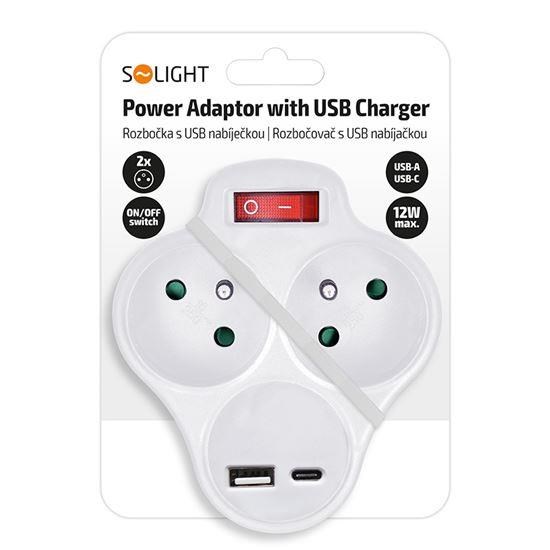 Solight rozbočka s USB A+C nabíječkou,  2 x 10A,  bílá,  vypínač3 