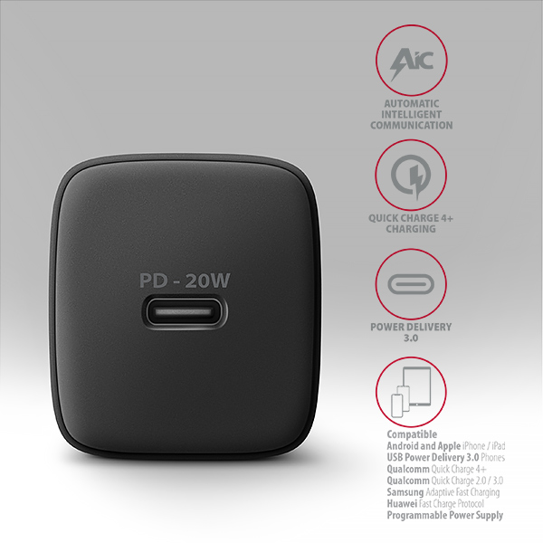 AXAGON ACU-PD20, nabíjačka do siete 20W, 1x port USB-C, PD3.0/PPS/QC4+/AFC/Apple, čierna3 