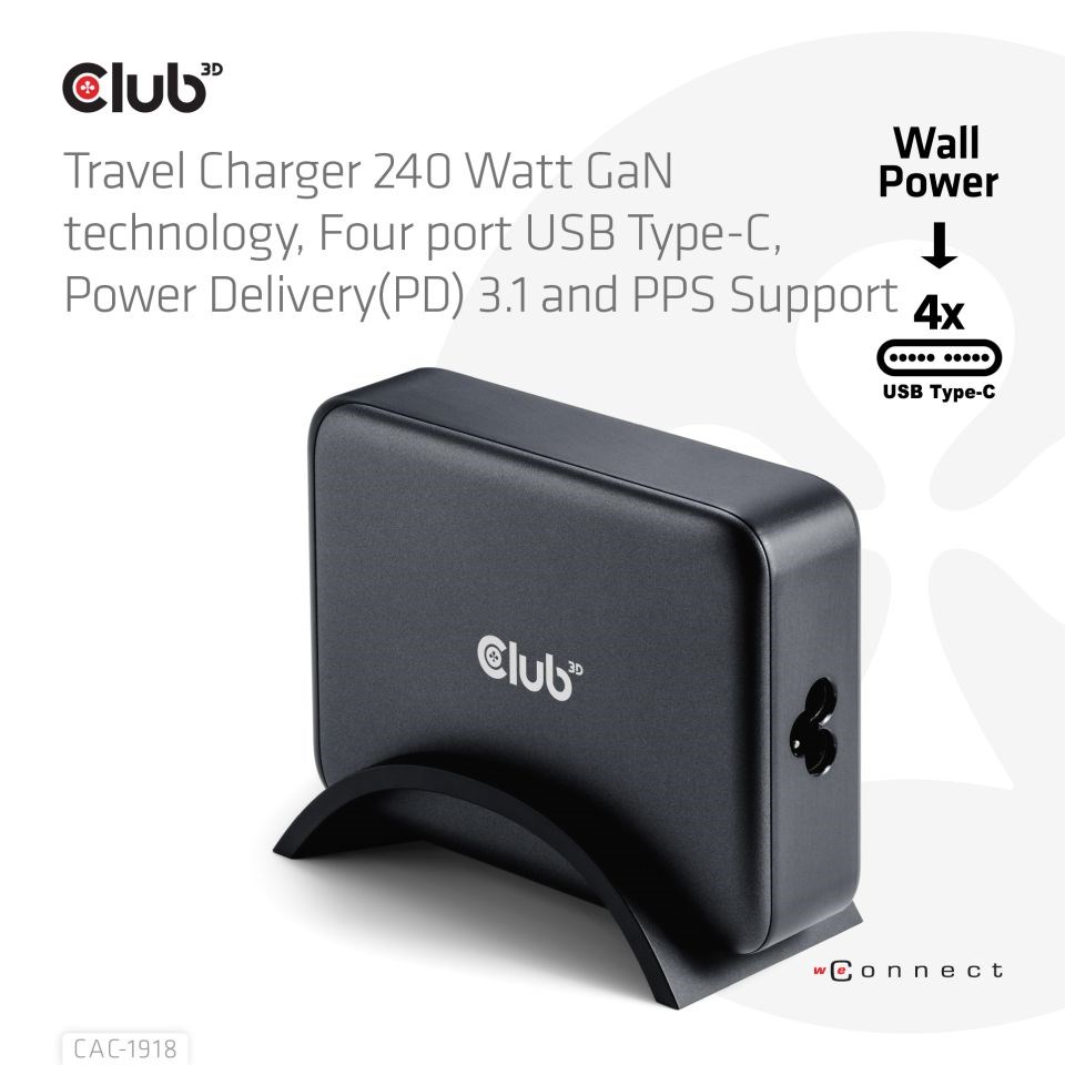 Club3D cestovní nabíječka 240W GaN technologie, 4xUSB-C, PPS + PD 3.1 Support1 
