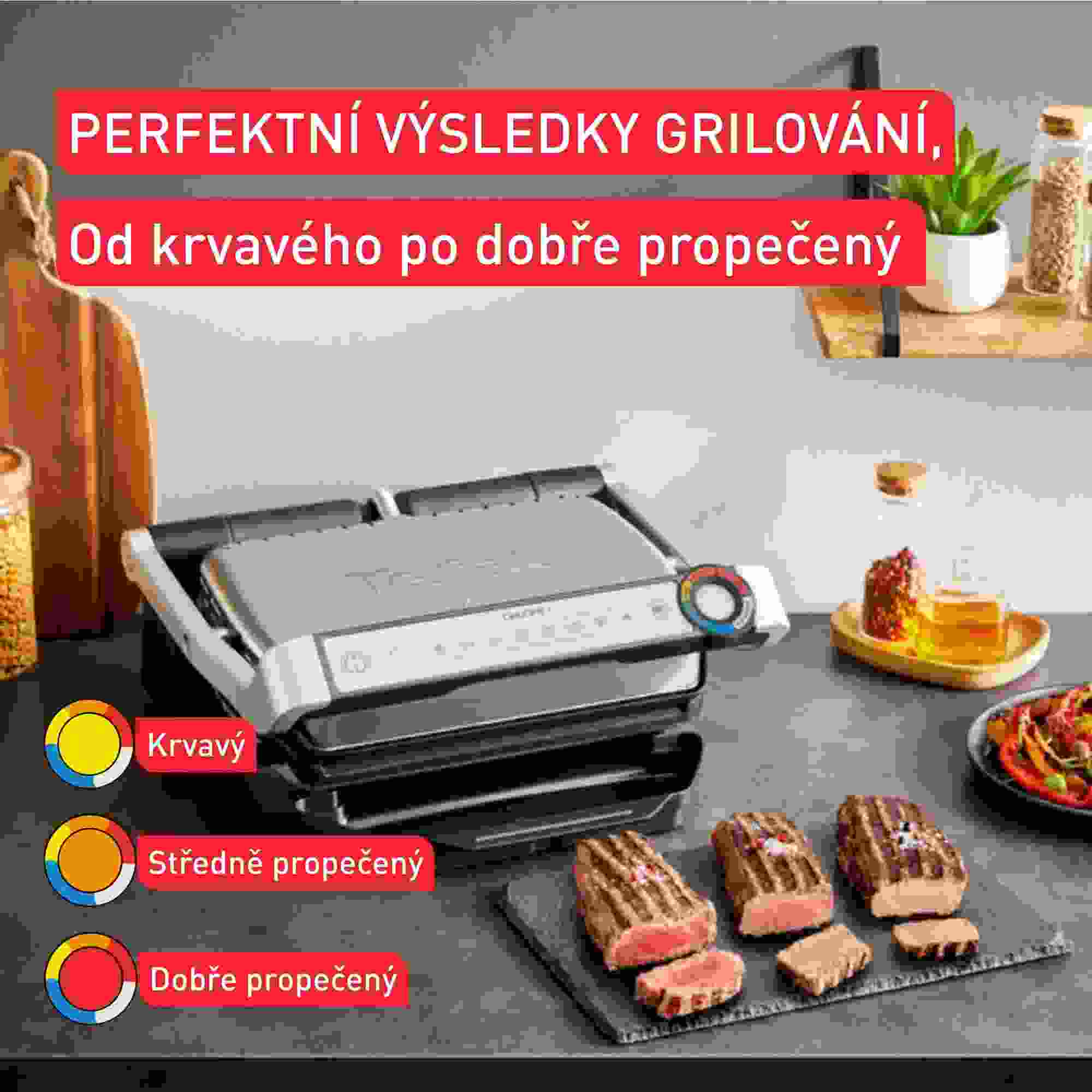 Tefal OptiGrill+ GC718D10 inteligentní gril,  6 programů,  ukazatel propečení,  měření tloušťky,  odkapávací nádoba6 