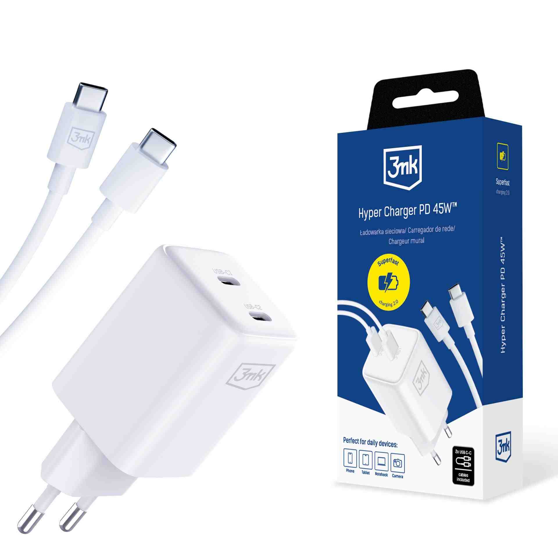 3mk Hyper Charger PD 45W+USB Cable C to C White0 