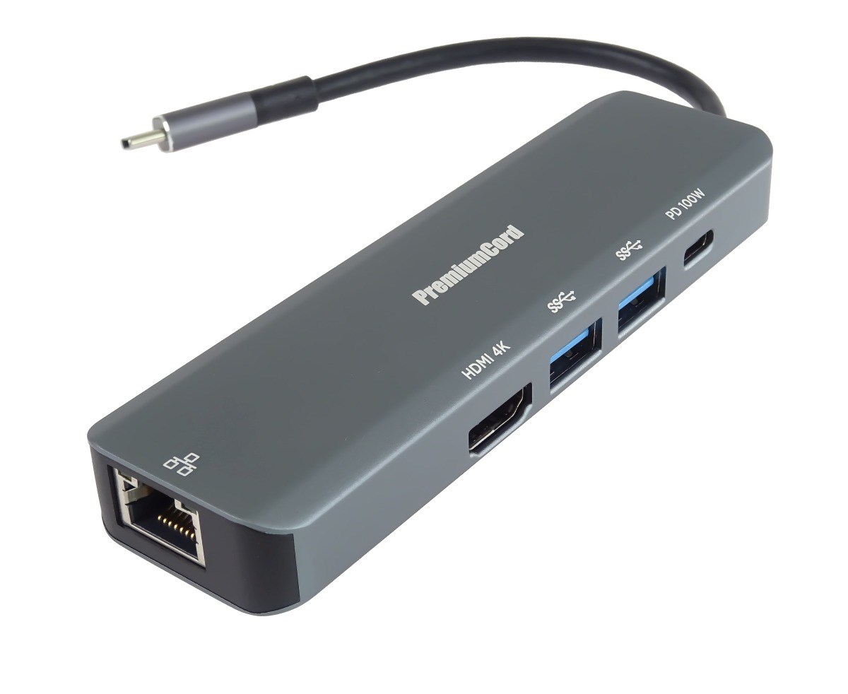PREMIUMCORD Adaptér USB-C na Gigabit 10/ 100/ 1000Mbps + 1x HDMI,   2x USB3.2,  1x PD 100W konektor,  Šedá6 