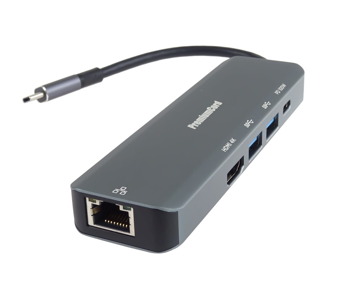 PREMIUMCORD Adaptér USB-C na Gigabit 10/ 100/ 1000Mbps + 1x HDMI,   2x USB3.2,  1x PD 100W konektor,  Šedá3 