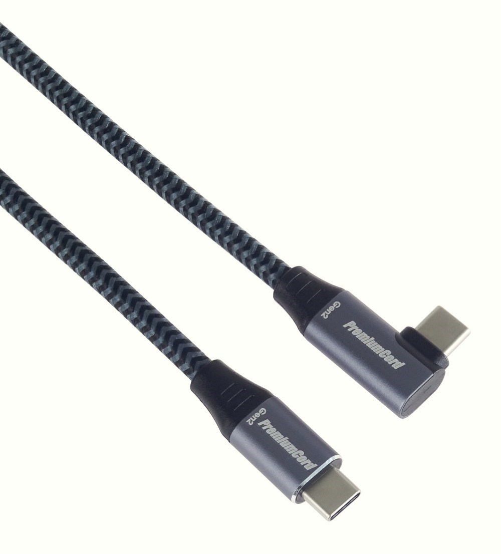 PREMIUMCORD USB-C zahnutý kabel (USB 3.2 Gen2x2, 5A, 100W, 20Gbit/s) 3m, Šedá1 