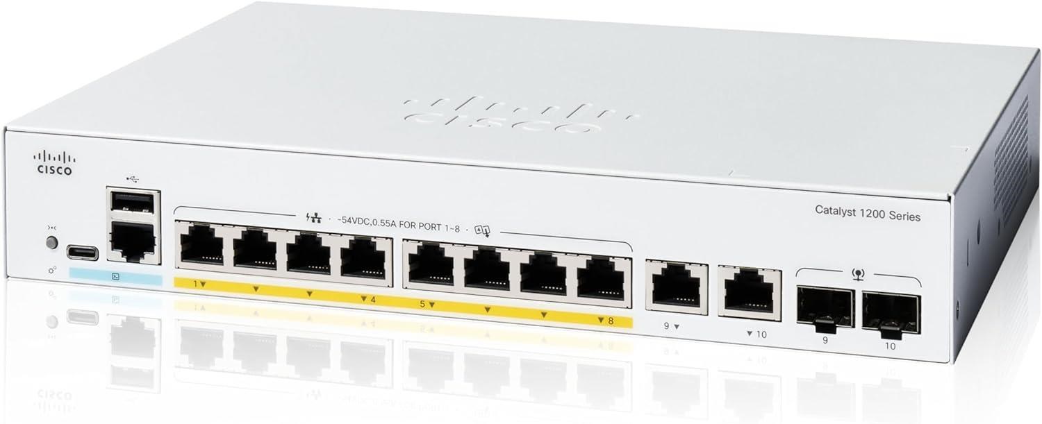 Cisco Catalyst switch C1200-8P-E-2G (8xGbE, 2xGbE/ SFP combo, 8xPoE+, 67W, fanless)0 