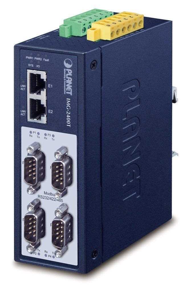 PLANET IMG-2400T Průmyslová brána, MODBUS, 4x RS-232 422 485 na IP, 2x RJ-45 10 100Base-TX, -40 až +75°C, DC12-48V, IP400 
