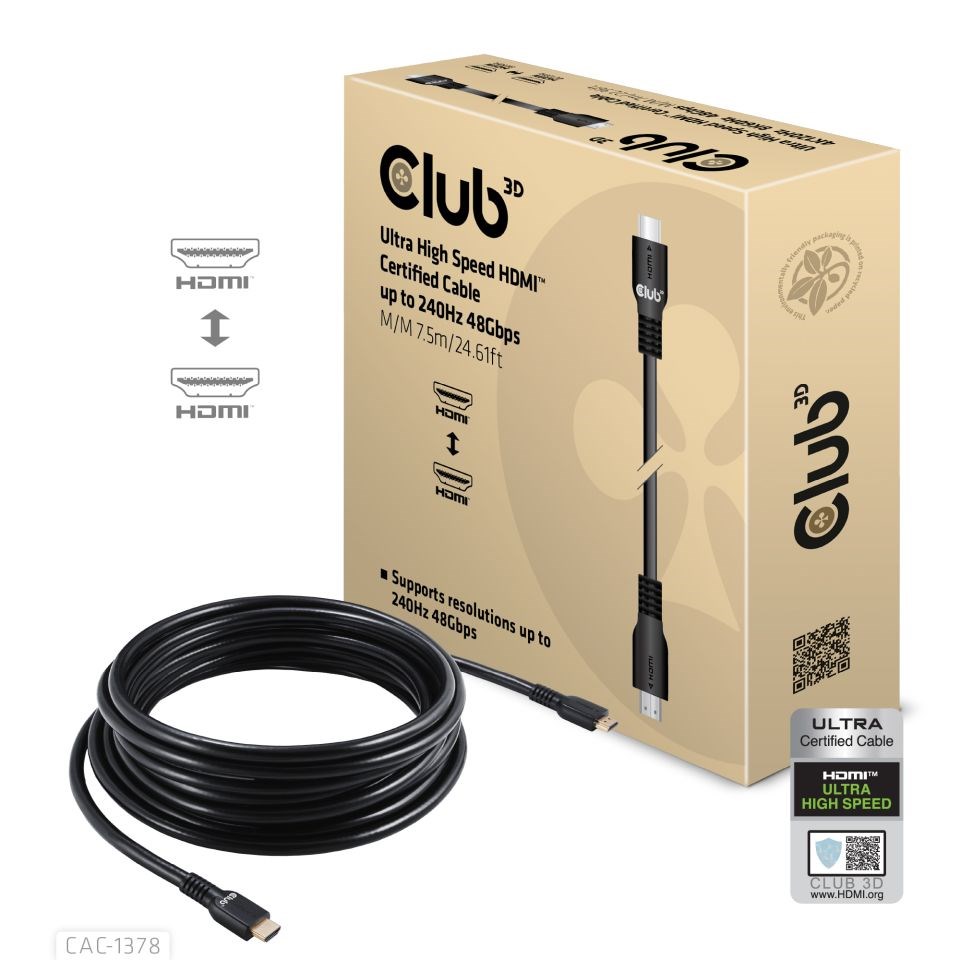 Club3D Kabel HDMI, Ultra Rychlý HDMI™ Certifikovaný Cable, 4K120Hz 8K60Hz, 7.5m0 