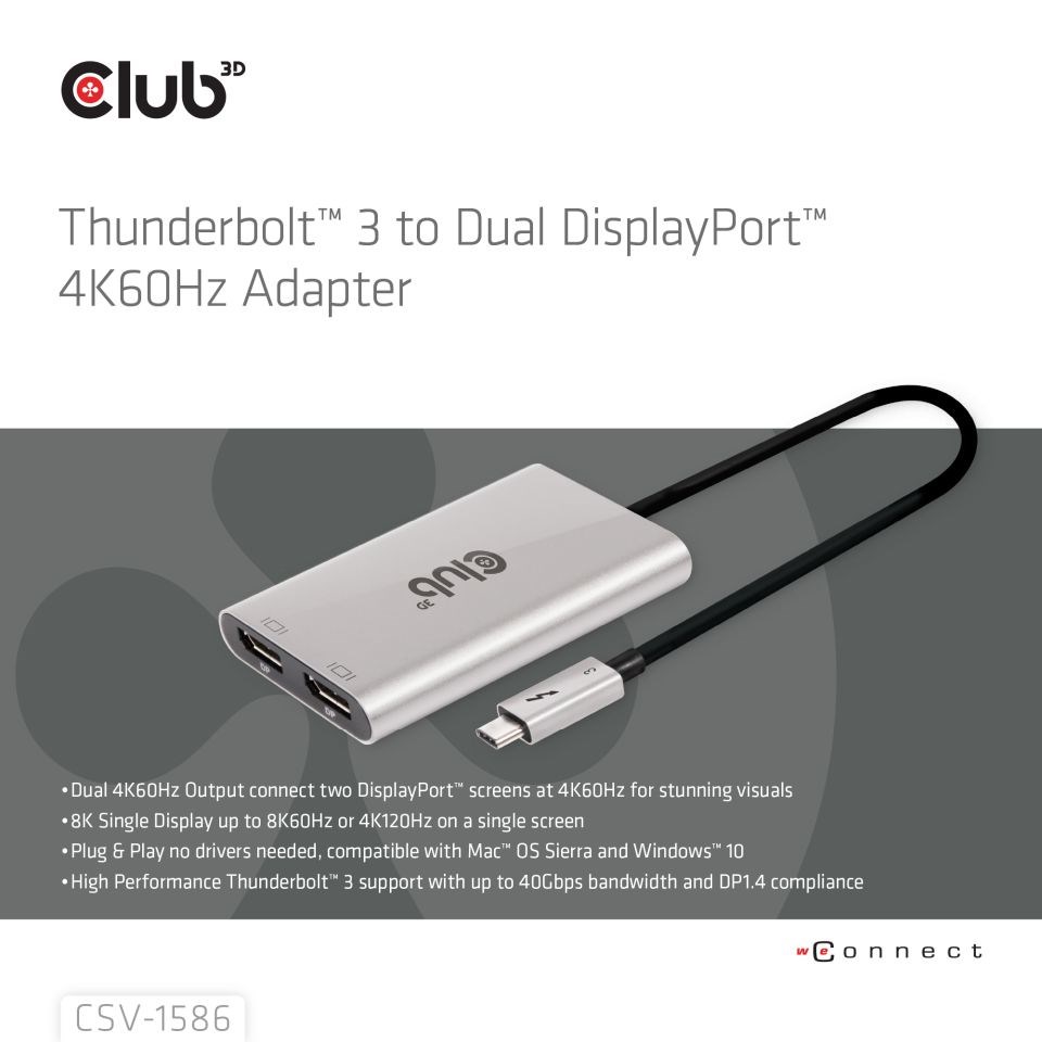 Club3D Video hub Thunderbolt 3 na 2x DP, Dual 4K60Hz nebo Single 8K60Hz 4K120Hz3 