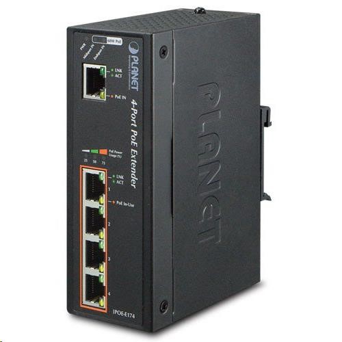Planet IPOE-E174 PoE extender + switch,  IEEE802.3at,  4 + 1x 1000Base-T,  DIN,  IP30,  60W0 
