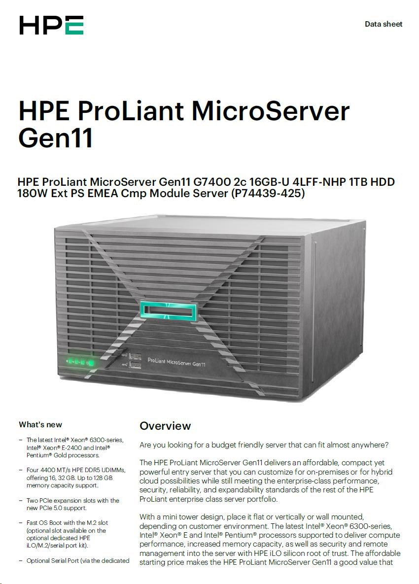HPE PL MicroServer Gen11 G7400 (3.7/ 2C4T/ 46W) 16G VROC 4LFF-NHP 1TB HDD 4p1G NBD111 iLo port (P65741-B21) Smart Choice4 