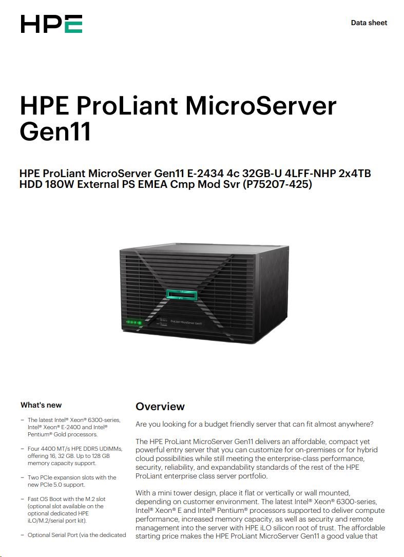 HPE PL MicroServer Gen11 E-2434 (3.4-5G/ 4C8T) 1x32G 2x4TB SATA 4LFF/ SFF-NHP 4p1G iLoPort (P65741) NBD111 Smart Choice4 