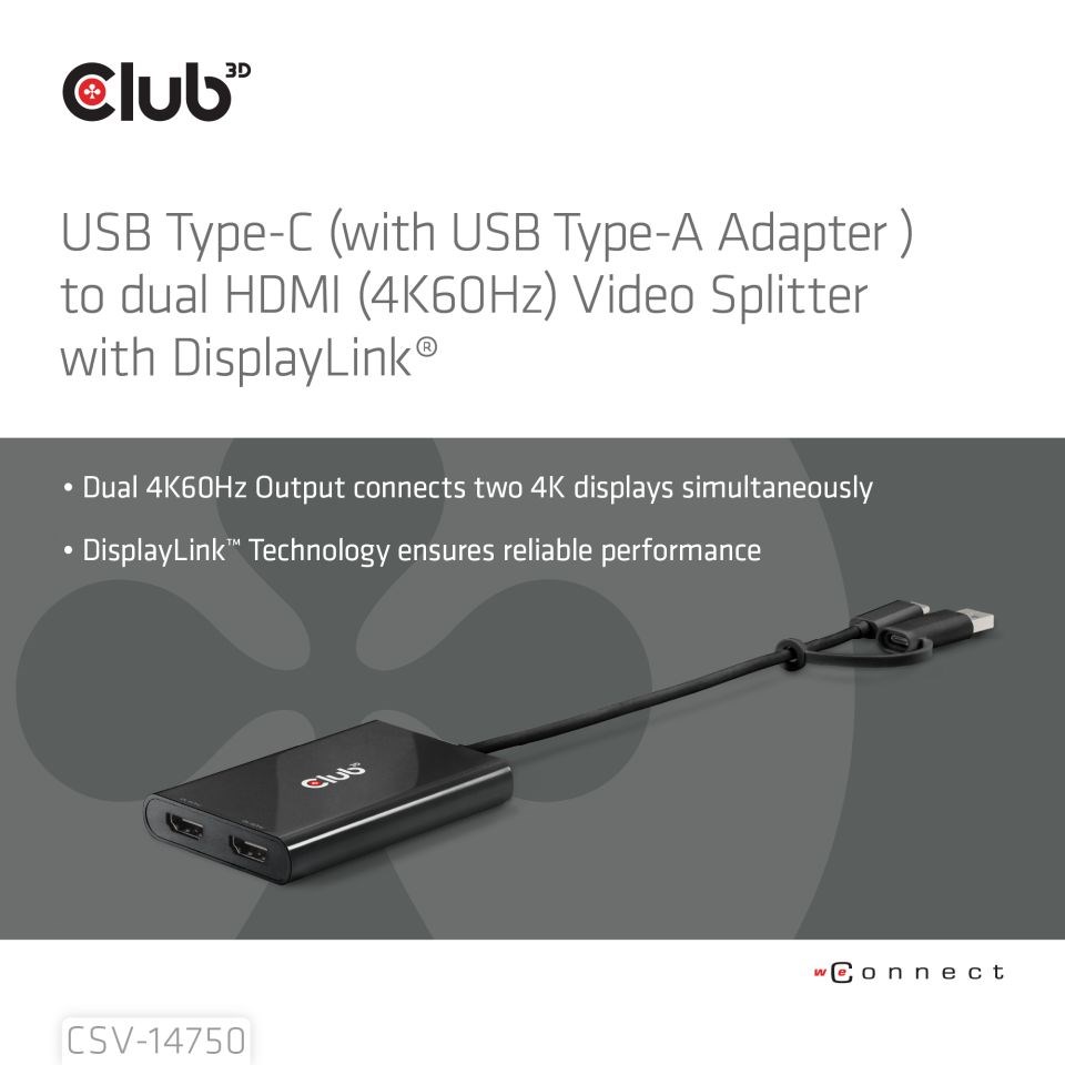 Club3D Video rozbočovač USB-C/A na 2xHDMI 2.0, Dual Monitor, 4K60Hz (M/F)1 