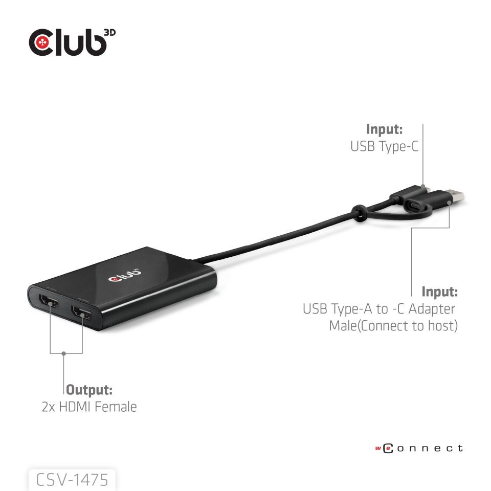 Club3D Video rozbočovač USB-C/A na 2xHDMI 2.0, Dual Monitor, 4K60Hz (M/F)3 