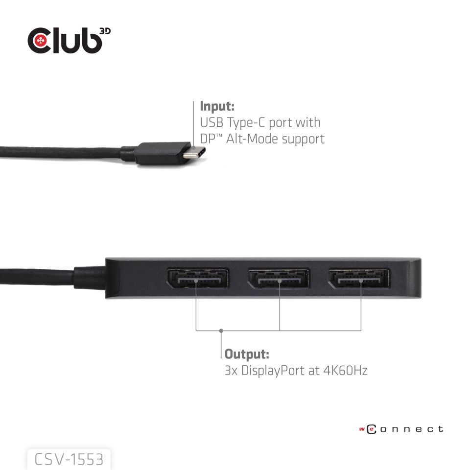 Club3D hub MST USB-C na 3xDisplayPort, Single: 8K30Hz, Triple: 4K60Hz2 