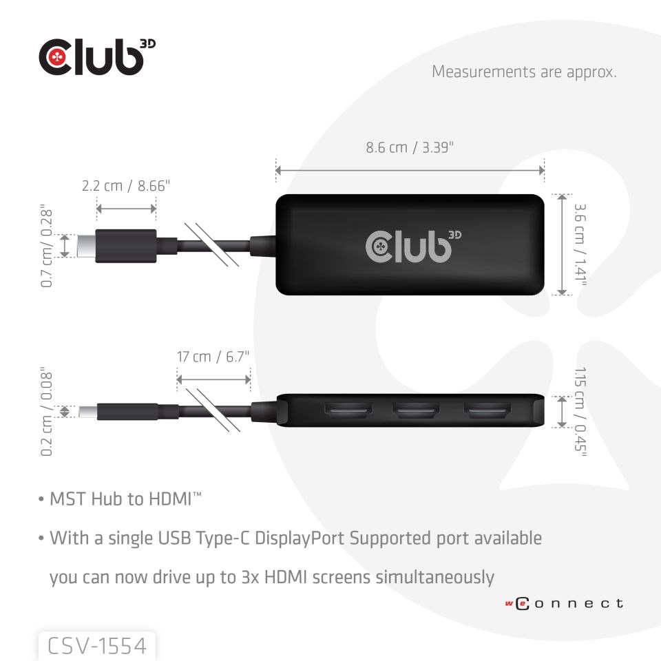 Club3D hub MST USB-C na 3xHDMI, Single: 8K30Hz, Triple: 4K60Hz1 