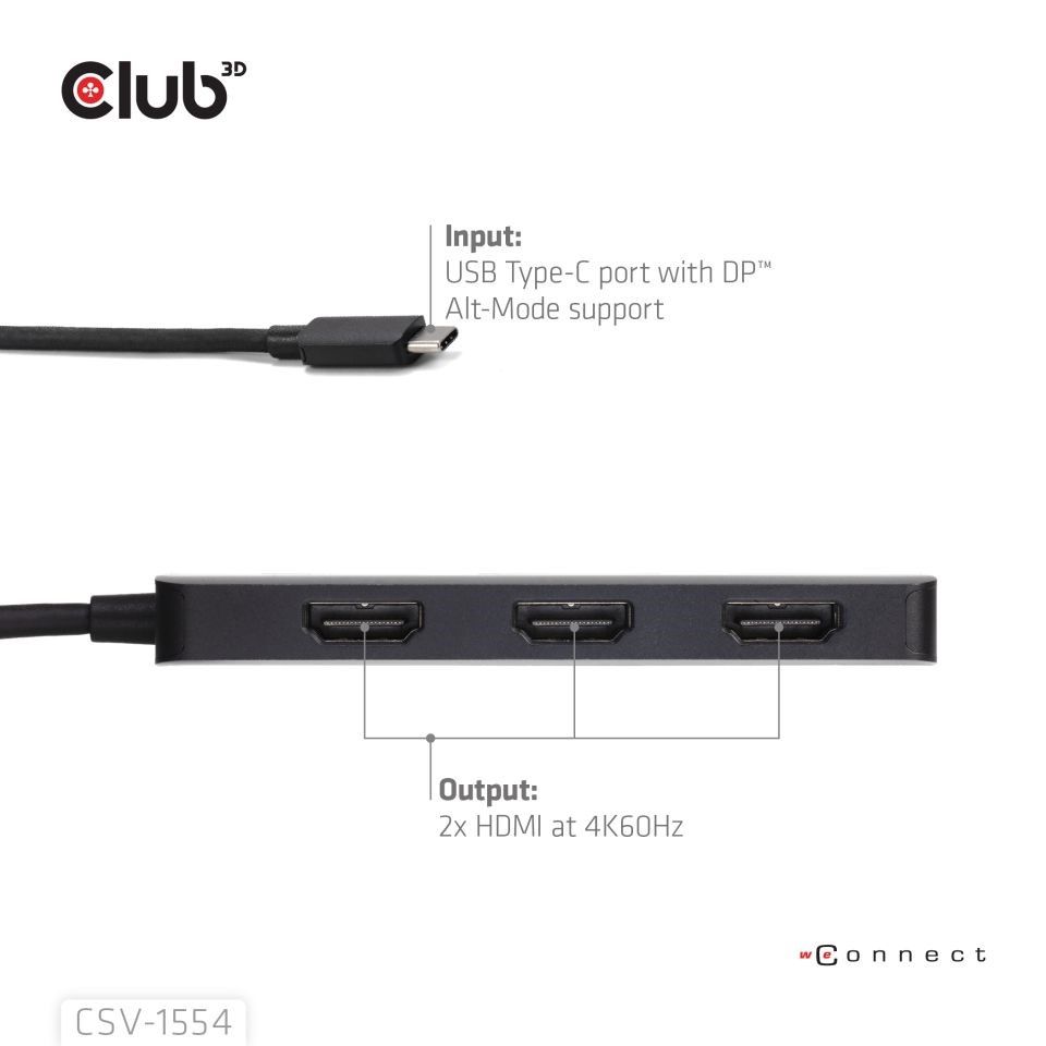 Club3D hub MST USB-C na 3xHDMI, Single: 8K30Hz, Triple: 4K60Hz2 