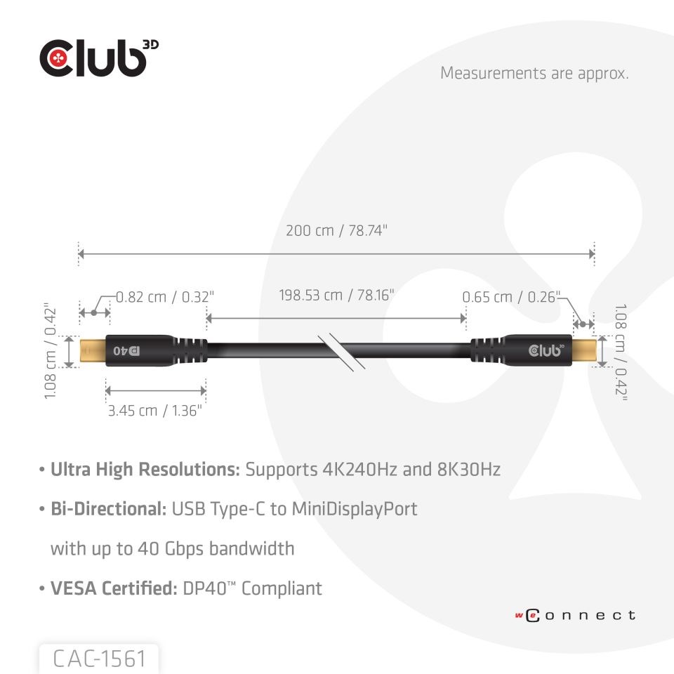 Club3D Kabel USB-C na MiniDisplayPort 2.1, 8K30Hz, DSC1.2, UHBR10, 2m2 