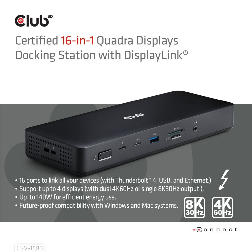 Club3D Dokovací stanice 16v1 ThunderBolt 4, (2xThunderbolt, 3xDP, 2xHDMI, 3xUSB, RJ45, SD-TF Karta, 1xUSB-C, 150W PD)1 